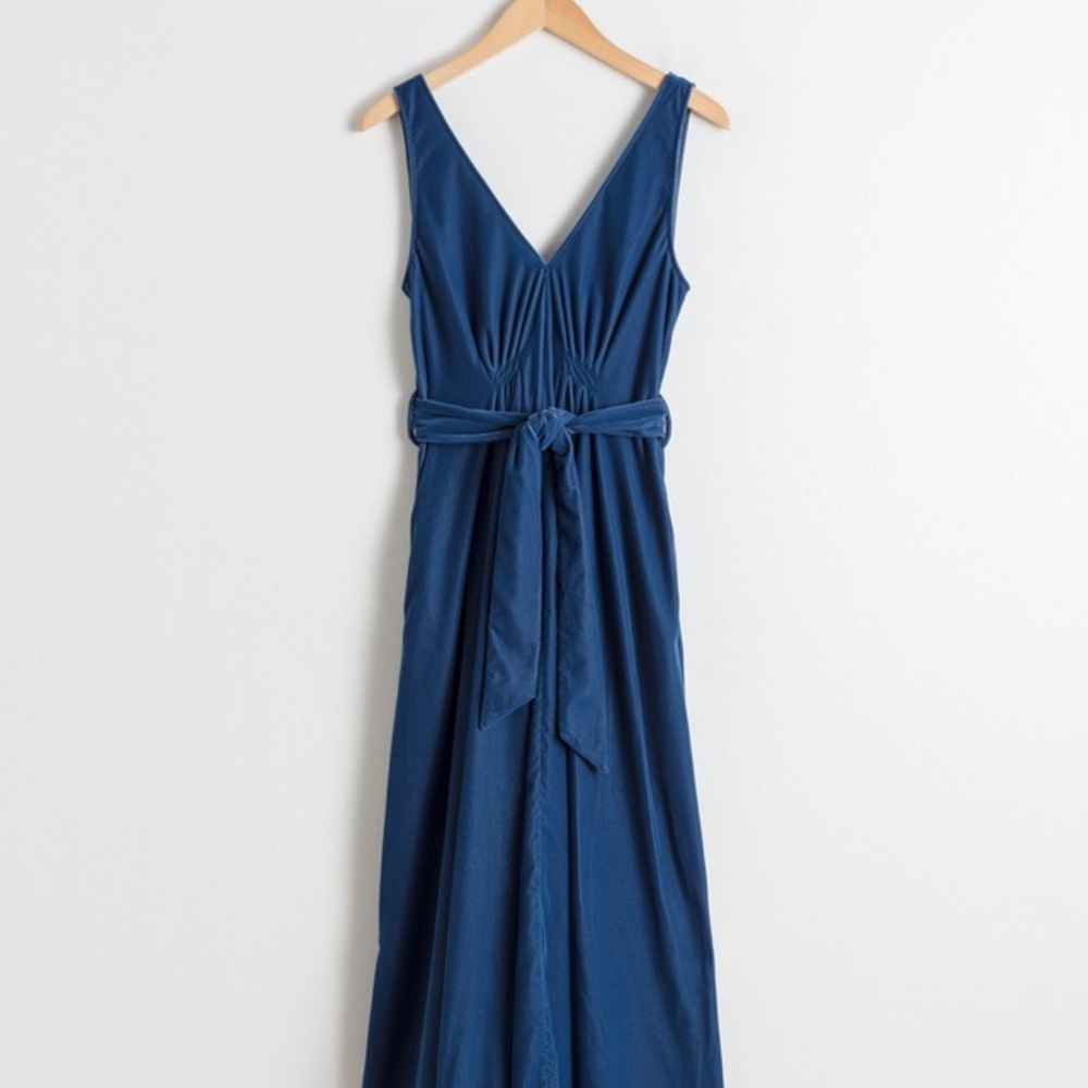 & Other Stories Blue Velvet Midi Dress w Tie Waist